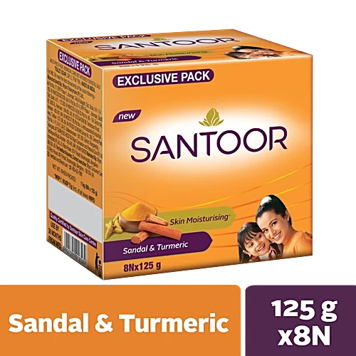 Santoor Skin Moisturizing Sandal & Turmeric Bathing Soap, 125 g (Pack of 8)