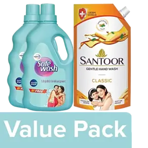 Safewash Liquid Detergent 1 kg (Get 1kg Free) + Santoor Handwash Classic 750 ml, Combo 2 Items