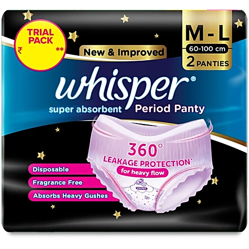 Whisper Super Absorbent Period Panty - 360 Degree Leakage Protection For Heavy Flow, M-L, 2 pcs