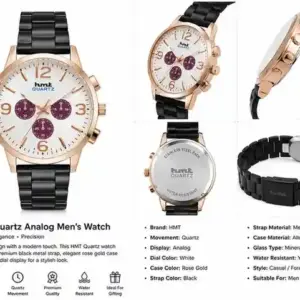 HMT Quartz Premium Analog Men's Watch with Black Metal Strap & Rose Gold